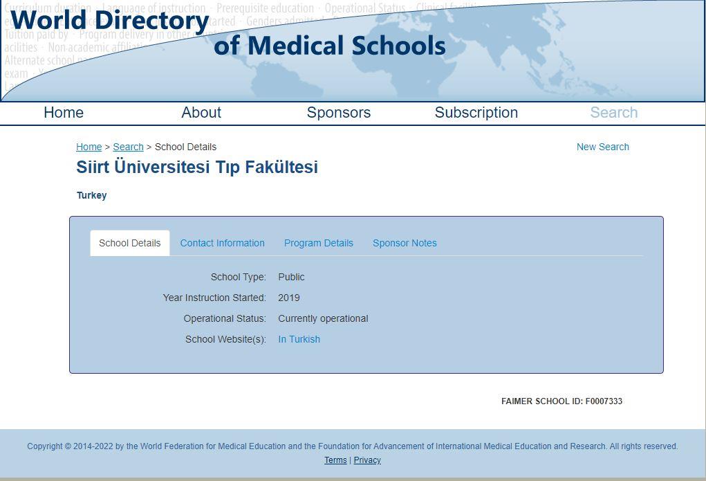 Siirt Üniversitesi Tıp Fakültesi World Directory of Medical Schoolsdan Denklik Sertifikası Aldı